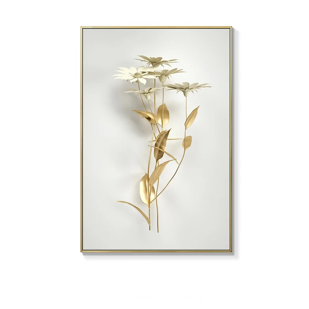 Decorative wall art with gold floral design on a white background