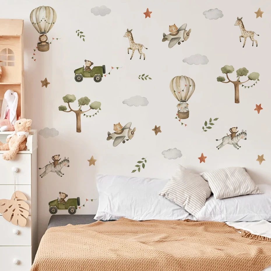 Vintage Hot Air Balloon Safari Wall Stickers For Kid's Room Removable Peel & Stick PVC Wall Decals For Creative DIY Children's Nursery Decor
