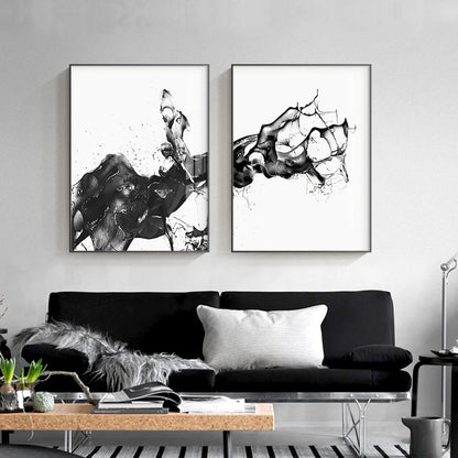 Minimalist Black Ink Splash Abstract Wall Art Fine Art Canvas Prints Black & White Posters Pictures For Modern Loft Apartment Home Office Art Decor