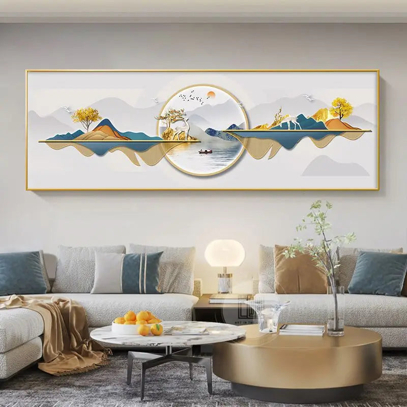 Abstract Auspicious Golden Deer Landscape Wall Art Fine Art Canvas Print Wide Format Feng Shui Artwork For Above The Sofa