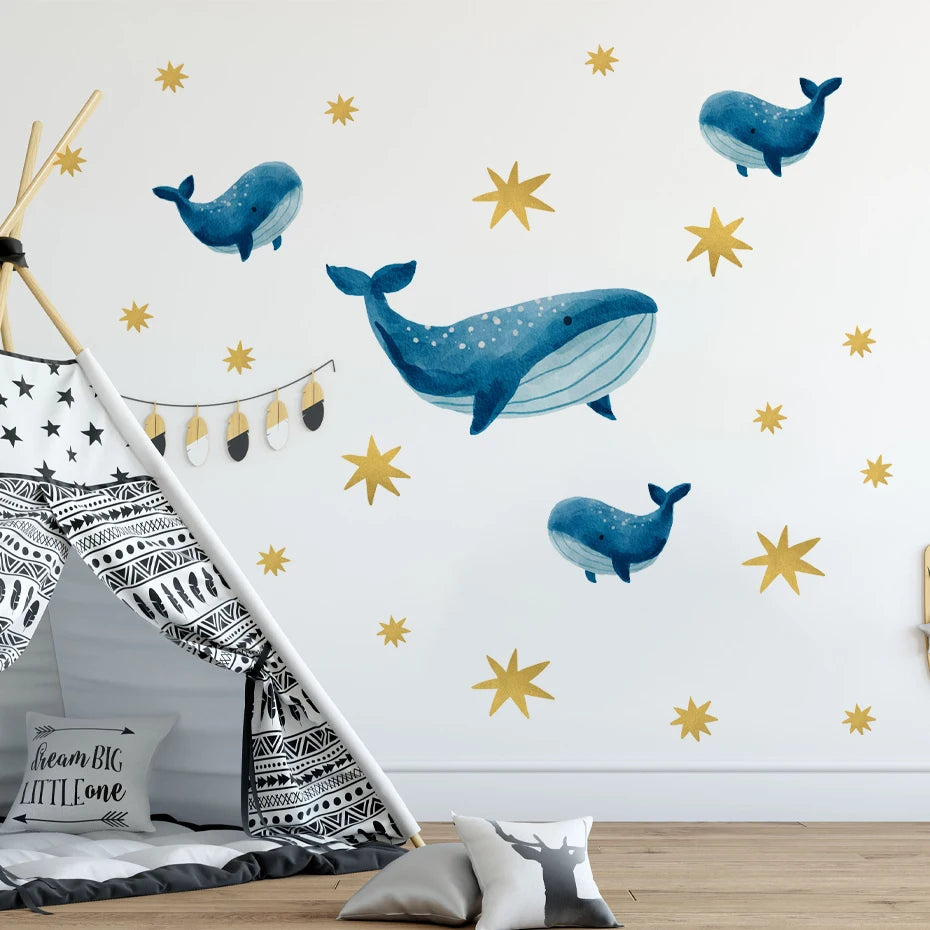 Sea Horse Turtle Whale Wall Ocean Animals Decals Removable PVC Vinyl Wall Sticker For Children's Nursery Room Kid's Playroom Creative Decor