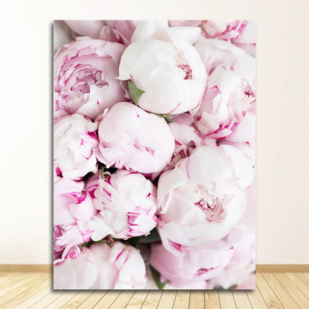 Minimalist Floral Pink & White Peonies Wall Art Fine Art Canvas Prints Pictures For Modern Living Room Bedroom Boutique Salon Home Decoration