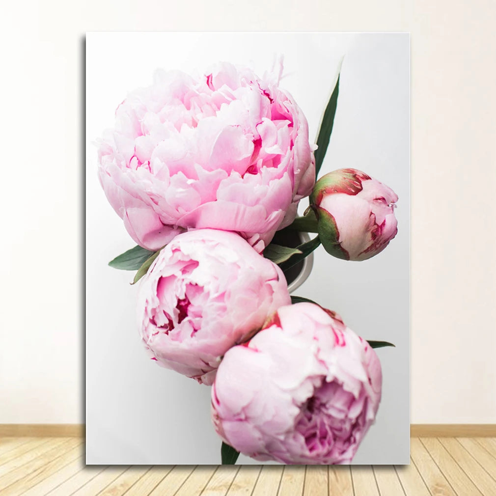 Minimalist Floral Pink & White Peonies Wall Art Fine Art Canvas Prints Pictures For Modern Living Room Bedroom Boutique Salon Home Decoration