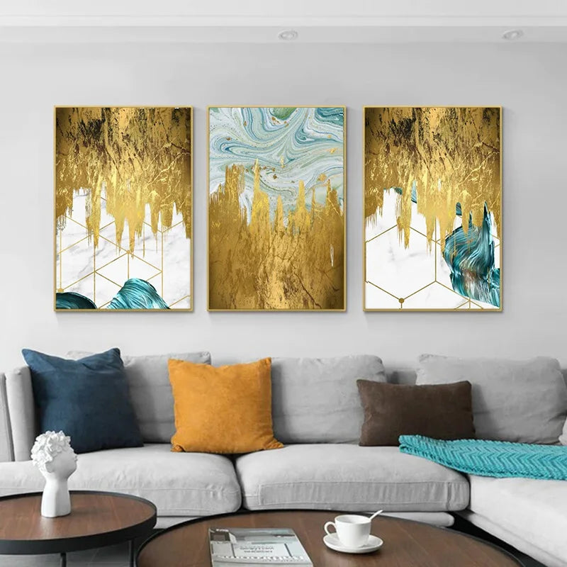 Abstract Liquid Golden Aqua Marble Wall Art Fine Art Canvas Prints Pictures For Living Dining Room Nordic Art For Modern Apartment