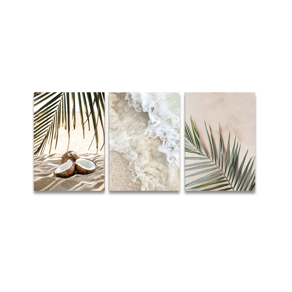 * Featured Sale * Set of 3Pcs White Waves Tranquil Beach Tropical Palm Leaves Wall Art Fine Art Canvas Prints Pictures Of Calm For Living Room