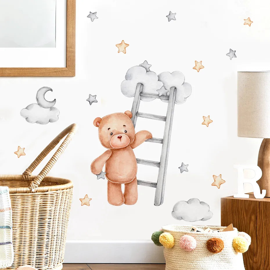 Cute Teddy Bear Clouds & Moon Wall Stickers For Nursery Room Removable Peel & Stick PVC Wall Decals For Creative DIY Kid's Room Decor