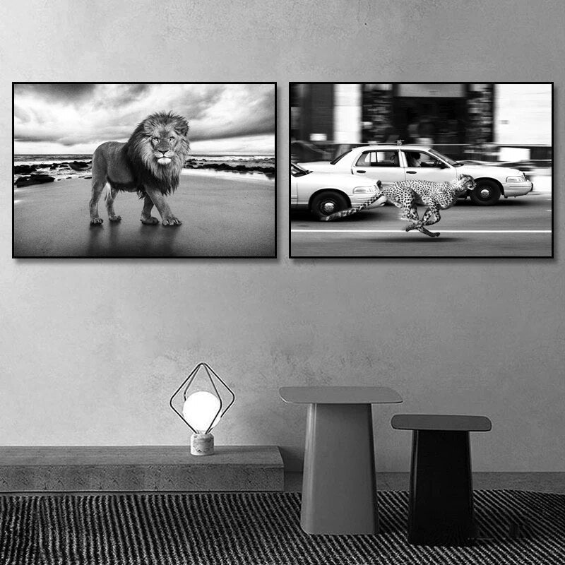 Abstract Black White Wild Animals In The City Wall Art Fine Art Canvas Prints Pictures Posters For Living Room Bedroom Home Office Decor