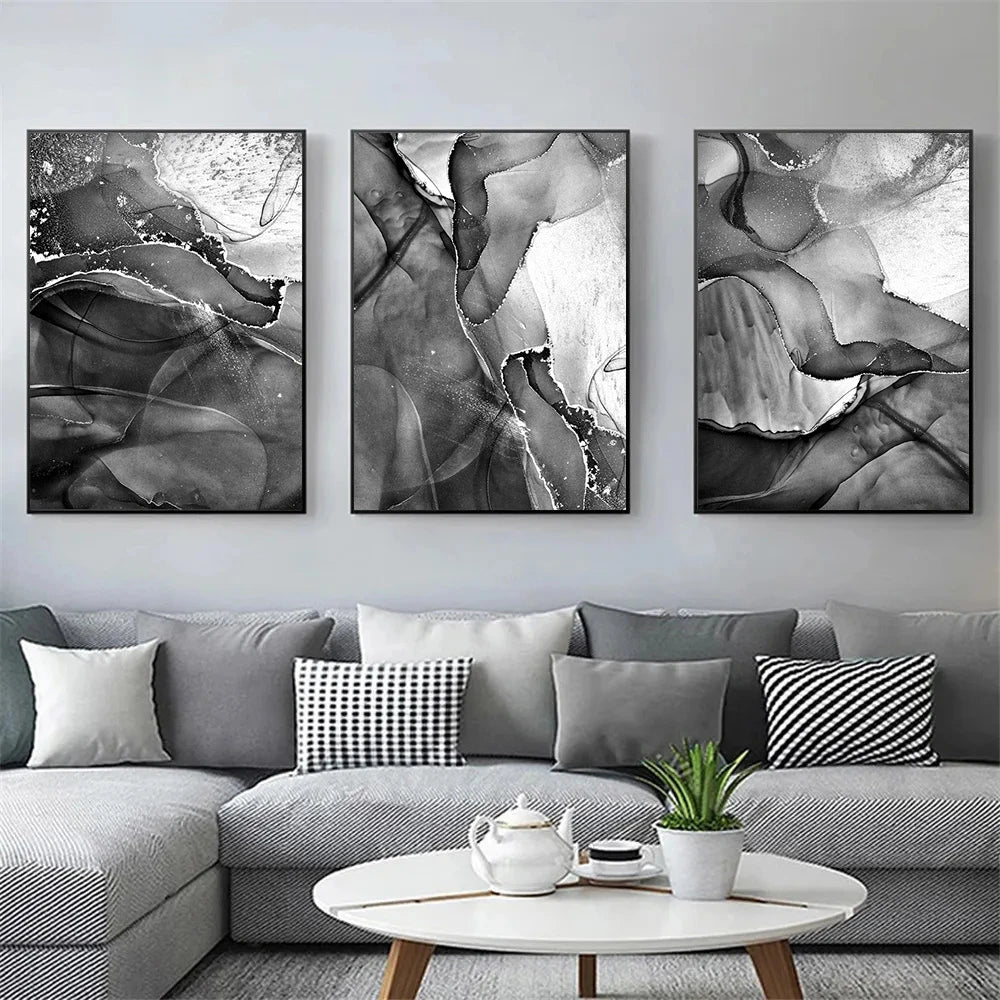 Set of 3Pcs Modern Gray Black and White Marble Canvas Painting Wall Art Print Abstract Posters And Prints Nordic Wall Pictures Bedroom Decor