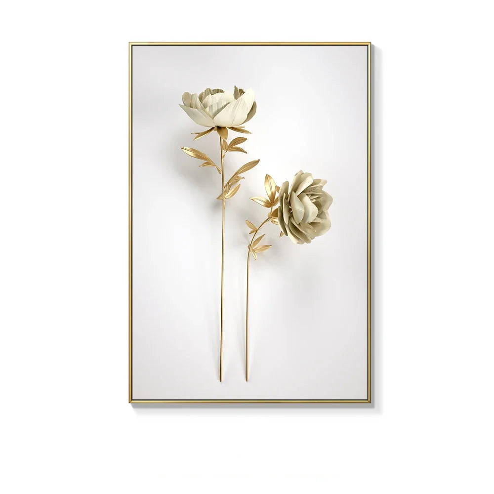 Framed artwork of two gold flowers on a white background