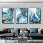 * Featured Sale * Set of 3Pcs Modern Abstract Blue Golden Liquid Marble Wall Art Fine Art Canvas Prints Elegant Pictures For Living Room Decor