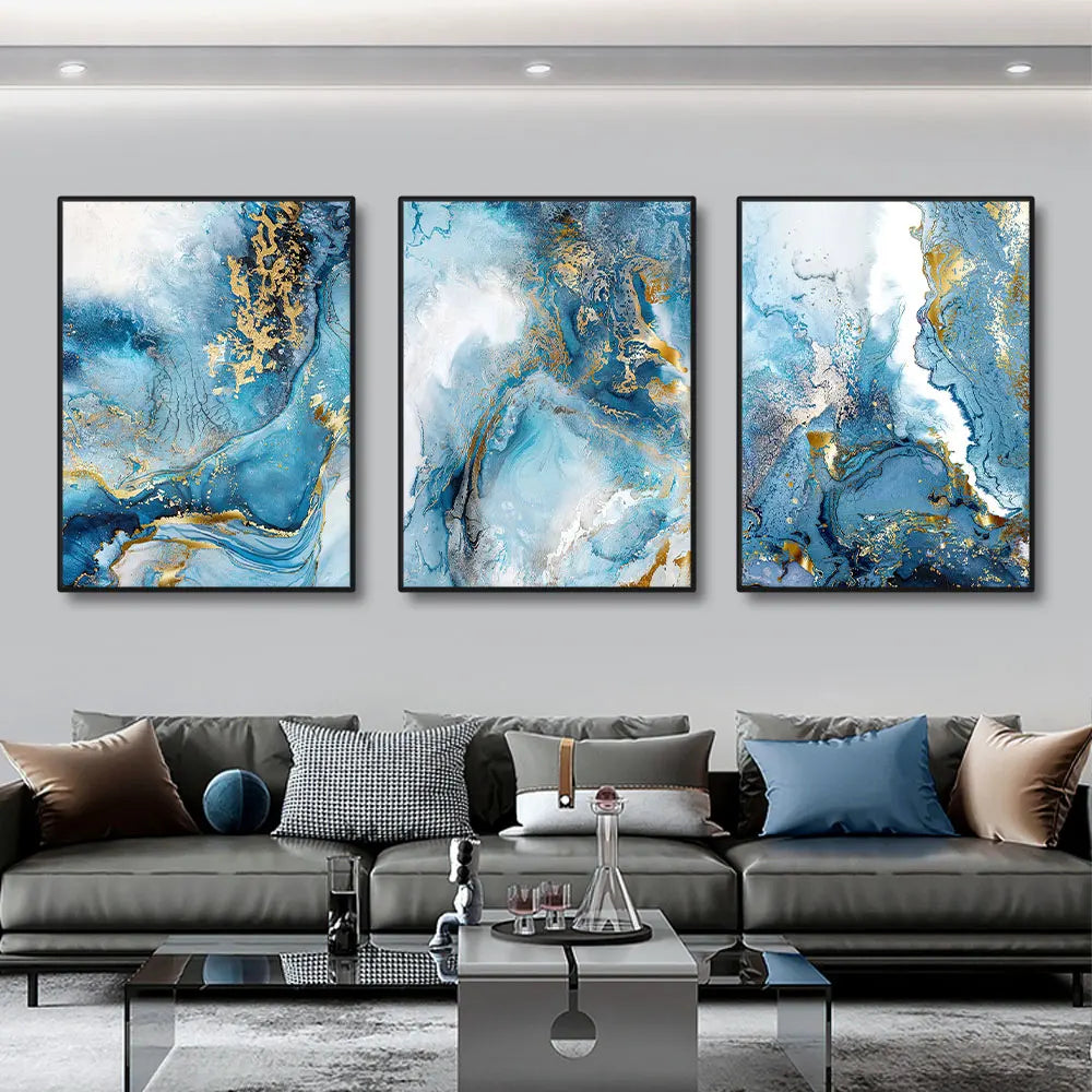 * Featured Sale * Set of 3Pcs Modern Abstract Blue Golden Liquid Marble Wall Art Fine Art Canvas Prints Elegant Pictures For Living Room Decor