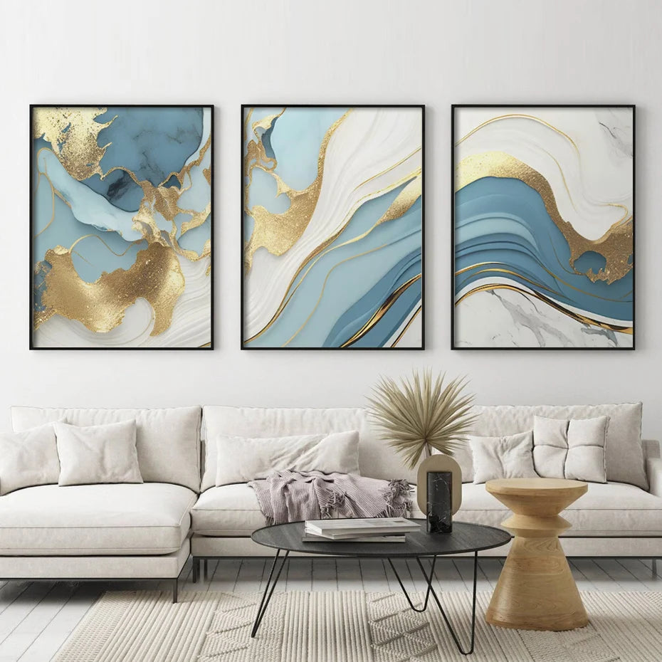 Modern Abstract Golden Blue Liquid Marble Print Wall Art Fine Art Canvas Prints Pictures For Living Room Bedroom Nordic Home Decor