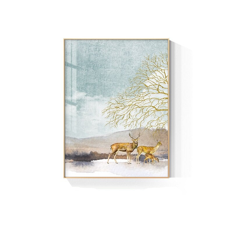 Golden Tree Wilderness Deer Landscape Wall Art Fine Art Canvas Prints Nordic Pictures For Luxury Living Room Dining Room Art Decor