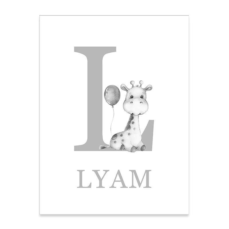Cute Personalized Baby's Name Wall Art Fine Art Canvas Prints For Nursery Room Baby Lion Elephant Giraffe Pictures For Kid's Room Decor