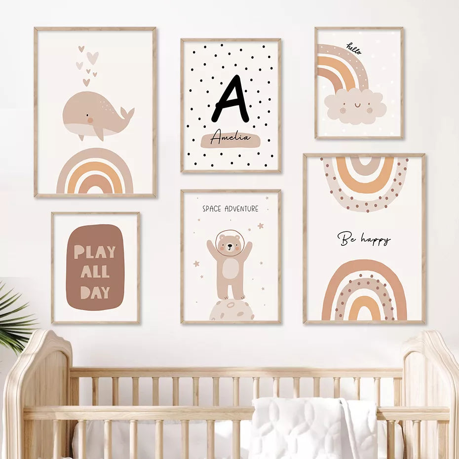 Personalized Baby's Name Wall Art For Nursery Room Cute Rainbow Cloud Play All Day Poster Pictures For Baby's Boy Girl's Room Wall Decoration