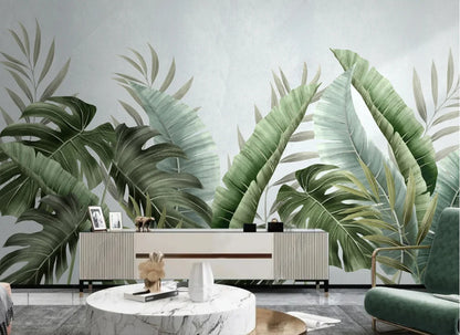 Tropical Green Leaves Wall Mural Big Size Palm Leaf Forest Exotic Foliage Green Leaf Wall Decor Custom Size Wall Covering Wallpaper For Living Room