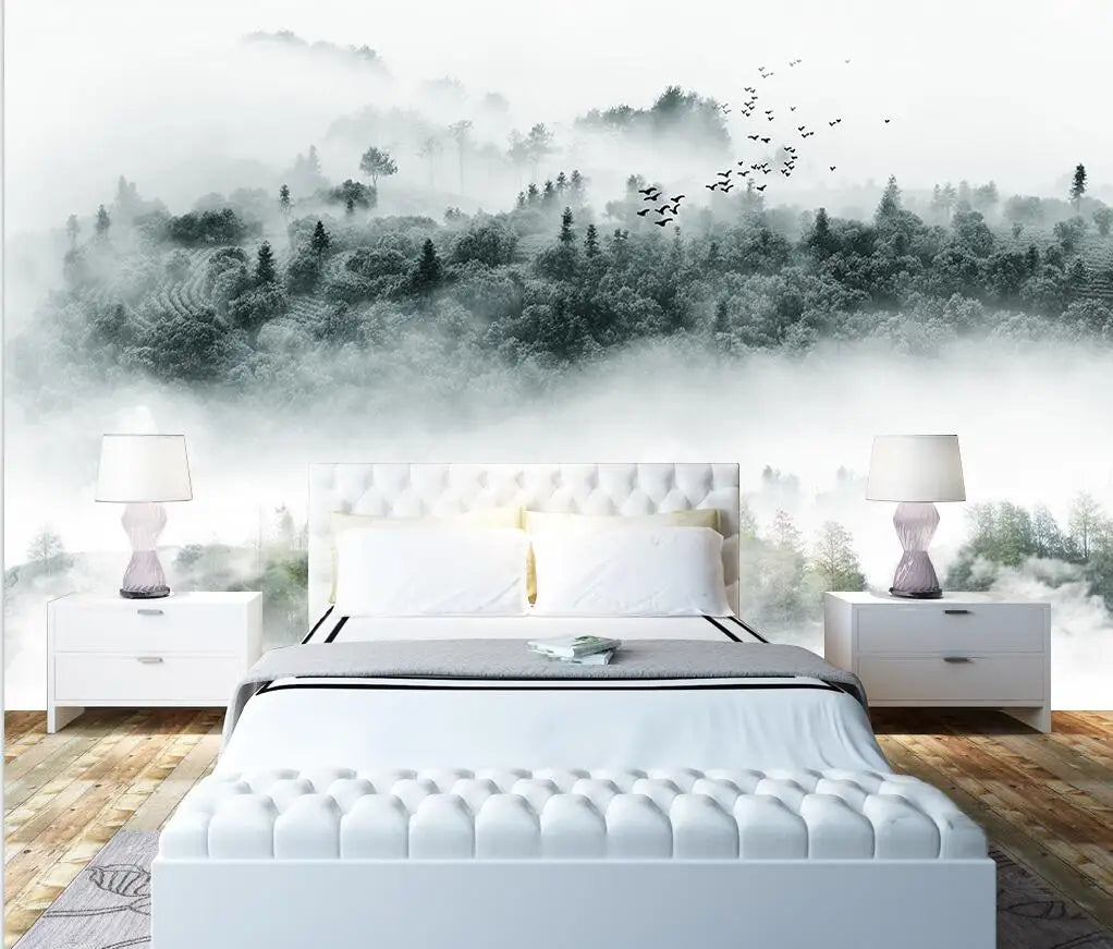 Misty Forest Landscape Wall Mural Big Format Printed Nordic Wallcovering Wallpaper For Modern Living Room Creative Home Office Wall Decoration