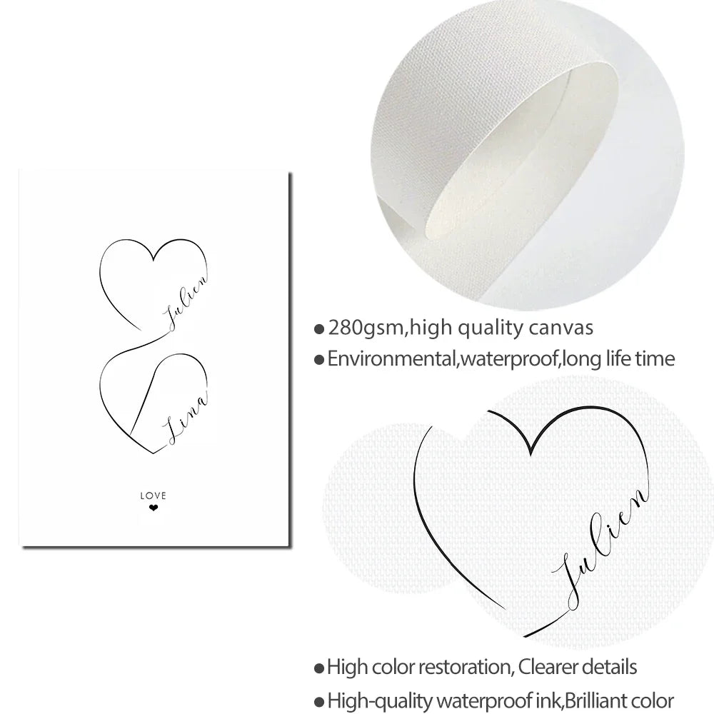 Personalized Love Heart Couples Names Poster Wall Art Black White Fine Art Canvas Prints Simple Pictures For Bedroom Living Room Wall Decor