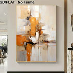 Abstract wall art print featuring a modern composition of orange, beige, white, and gray brushstrokes, shown hanging on a light gray wall in a modern interior setting.
