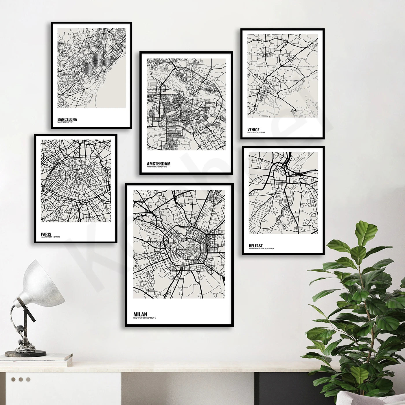Minimalist City Map Posters - London, Berlin, Paris, Kiev, Barcelona, Milan, Amsterdam, Prague, Athens, Liverpool, Florence, Belfast, Venice. Wall Map Black White Fine Art Canvas Prints Stylish Minimalist Posters For Home/Office