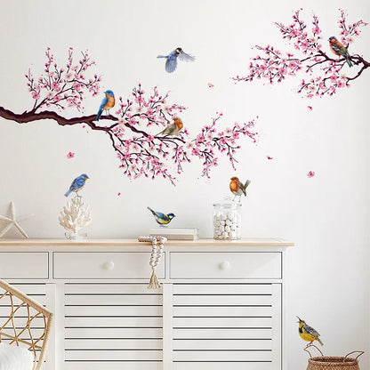 Pink Blossom Birds On The Branch Wall Mural For Bedroom Living Room Removable Peel & Stick PVC Vinyl Wall Decal For Creative DIY Home Decor