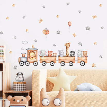 Cute Jungle Animals Train Wall Sticker For Children's Nursery Room Removable Peel & Stick Wall Decal For Baby's Room Creative DIY Home Decor
