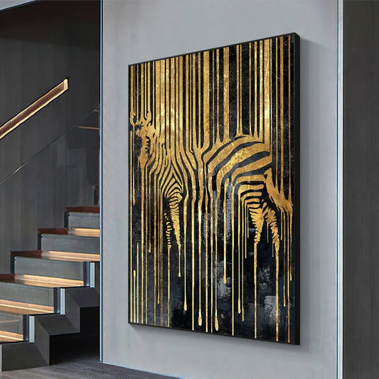 Modern Abstract Golden Zebra Lines Lion Elephant Tiger Wall Art Fine Art Canvas Prints Pictures For Luxury Apartment Living Room Dining Room Art Decor
