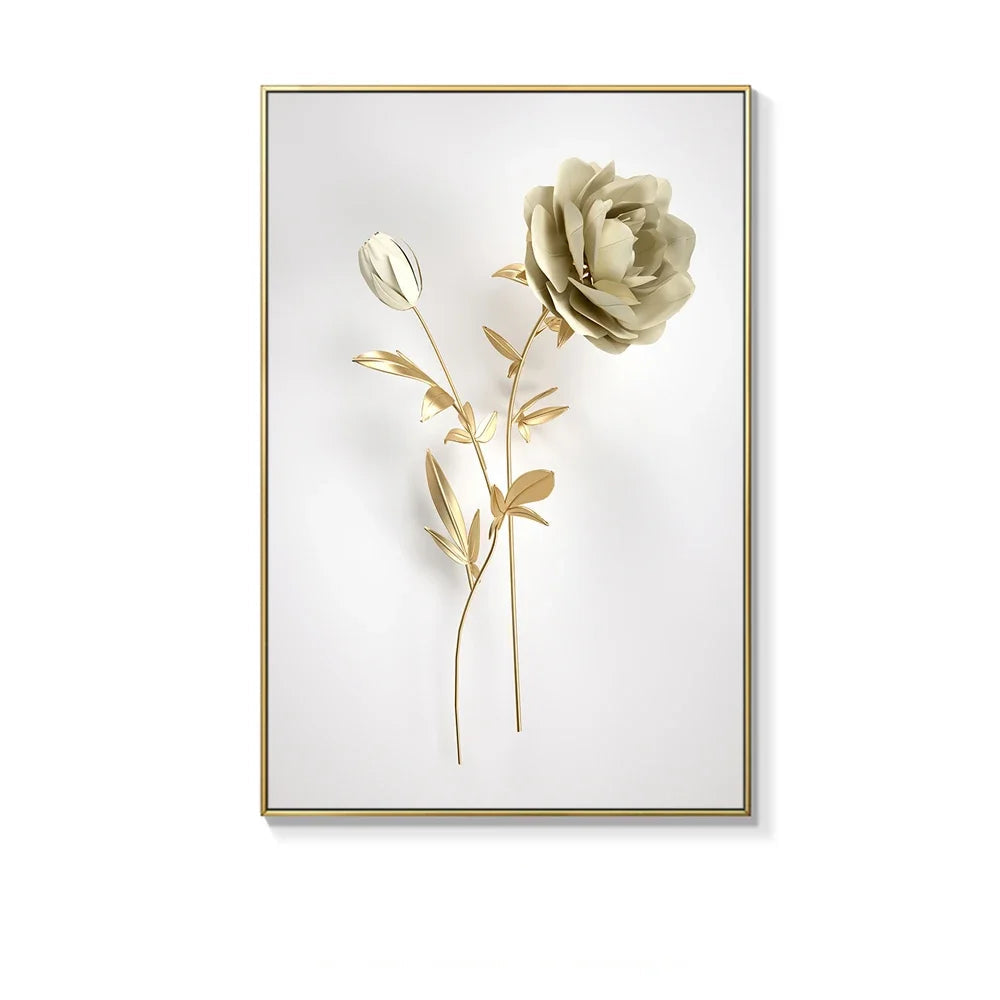Framed artwork of a rose with gold leaves on a white background
