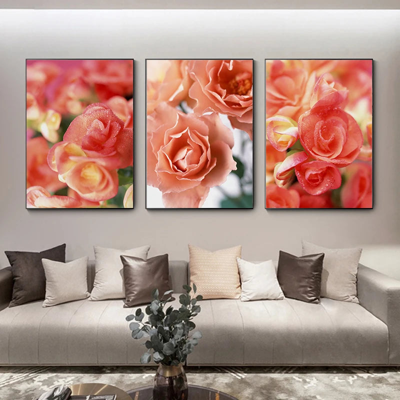 Pink Red Roses Floral Wall Art Fine Art Canvas Prints Modern Botanical Posters Pictures For Living Room, Bedroom Art Decor