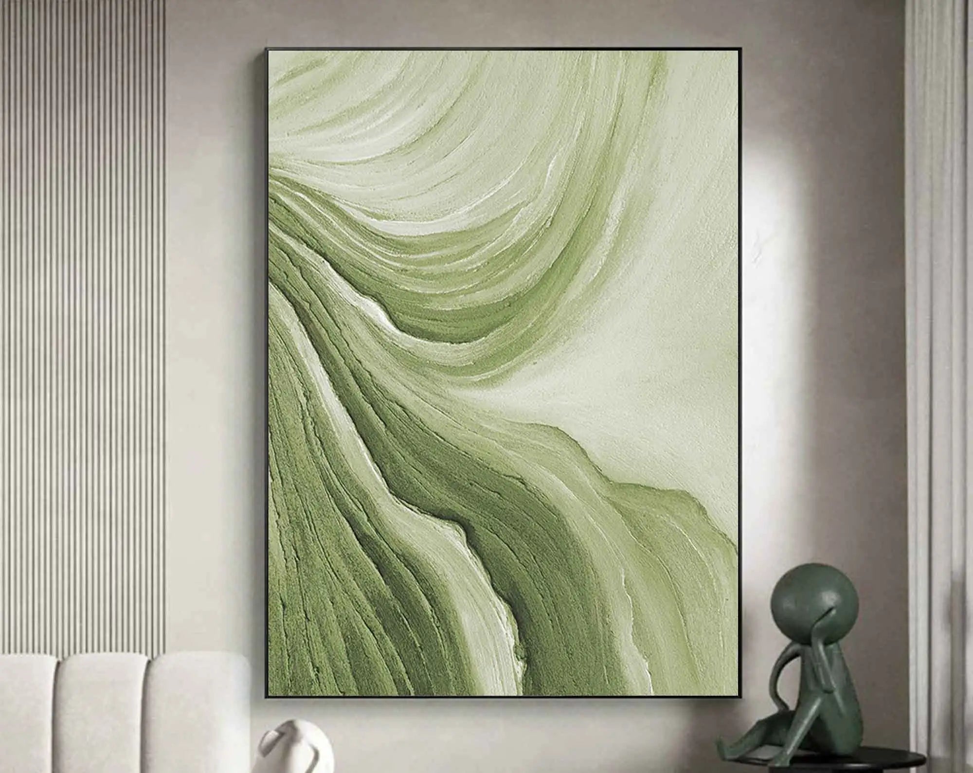 Large Format Abstract Wall Art Fine Art Canvas Prints Green Beige Golden Flowing Textural Design Pictures For Modern Apartment Living Room Foyer Art Decor