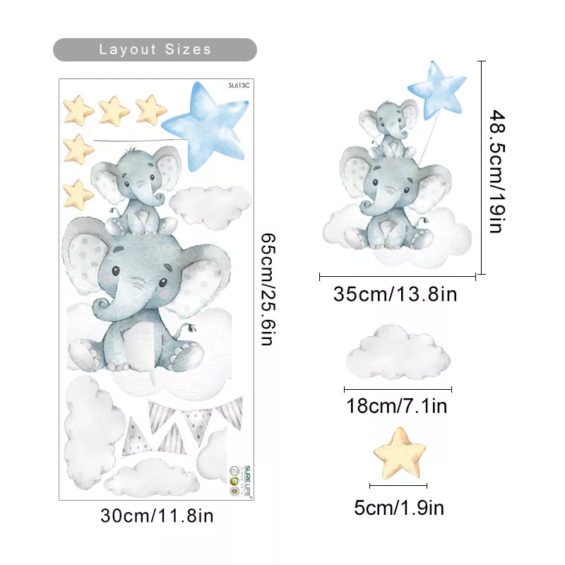 Cute Blue Moon Elephant & Stars Wall Stickers For Nursery Room Decor Removable Peel & Stick Wall Decals For Creative DIY Kid's Room Decor