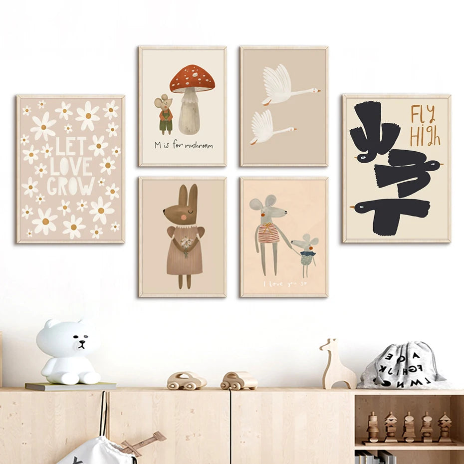 Fly High White Swan Cute Bunny Nursery Wall Art Fine Art Canvas Prints Modern Neutral Color Pictures For Modern Nursery Room Kid's Room Art Decor