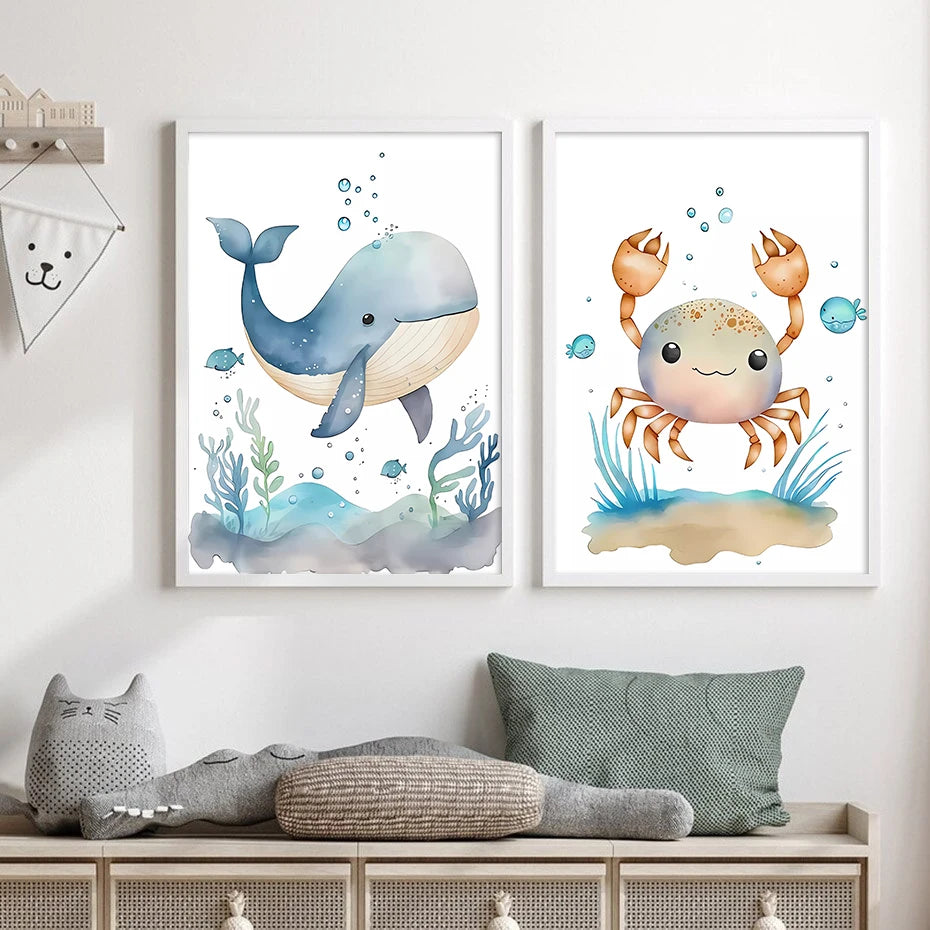 Cute Ocean Animals Seahorse Turtle Octopus Wall Sticker For Nursery Room Removable Peel & Stick PVC Wall Decals For Creative Kid's Room Decor