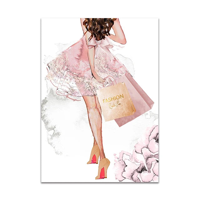 Chic Fashion Wall Art Posters Fine Art Canvas White Marble Background Pink Paris Perfume Prints Peonies Pictures For Bedroom Living Room Beauty Salon Wall Art Decor