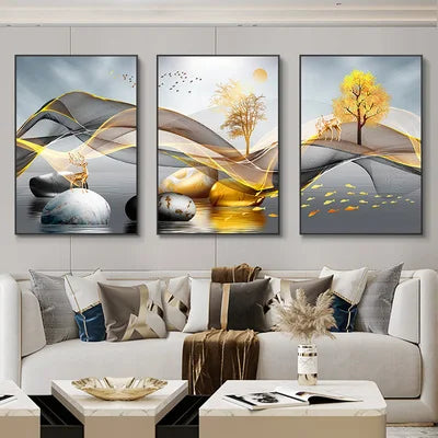 Set of 3Pcs Abstract Flowing Landscape Wall Art Fine Art Canvas Prints Auspicious Pictures For Living Room Home Office