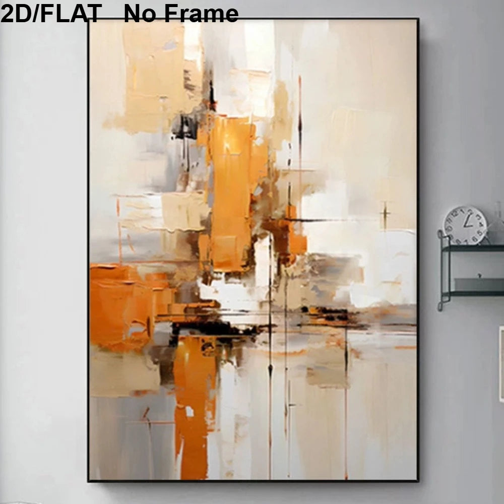 Abstract framed wall art with a minimalist composition in warm beige, orange, white, and brown tones, shown hanging on a light gray wall next to a shelf with a clock.