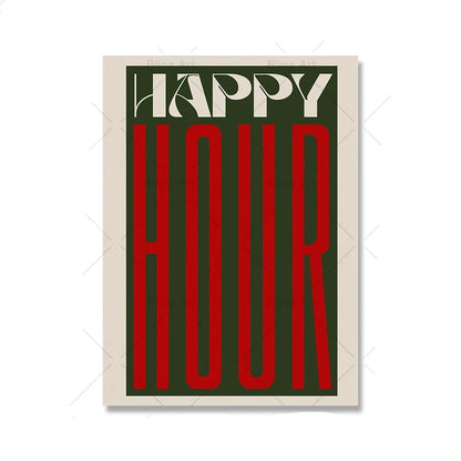 Retro Typographic Happy Hour Bar Cafe Kitchen Wall Art Fine Art Canvas Prints Pictures For Living Room Dining Room Colorful Art Decor