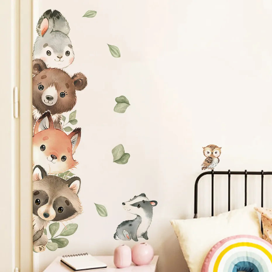 Cartoon Door Stickers Forest Animals Bear Rabbit Watercolor Wall Sticker for Kids Room Baby Nursery Room Wall Decals Home Decor