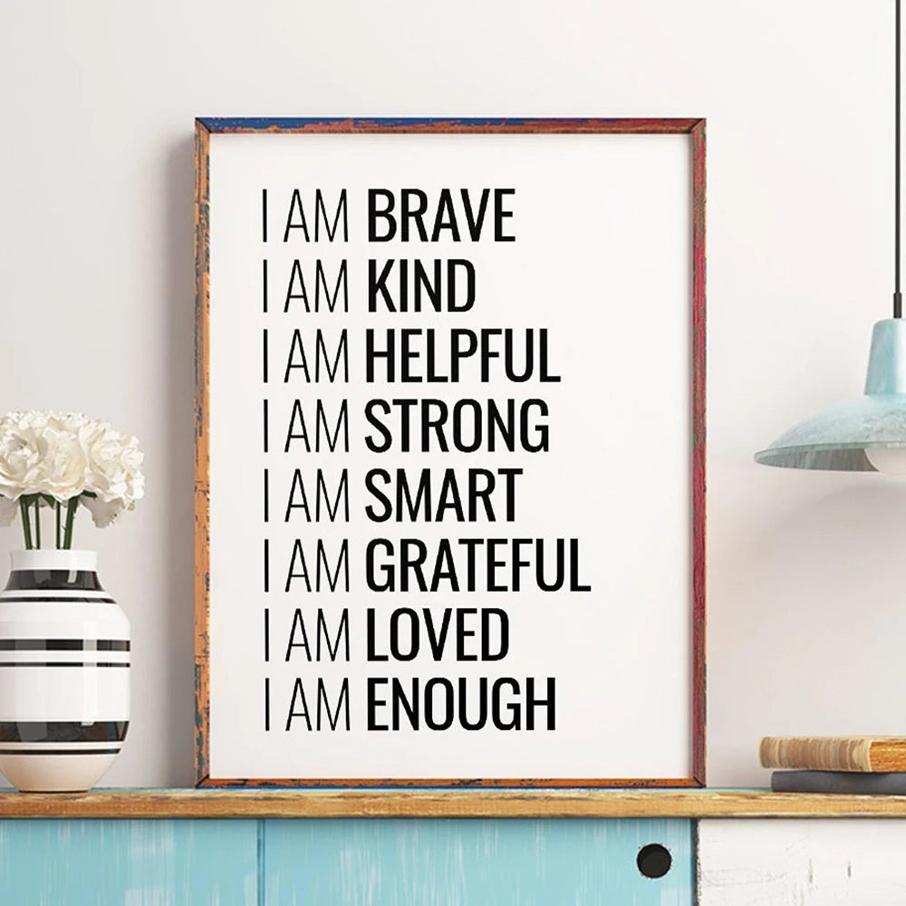 I Am Enough Inspirational Quote Wall Art Fine Art Canvas Print Black White Daily Mantra Motivational Poster For Bedroom Living Room Wall Decor