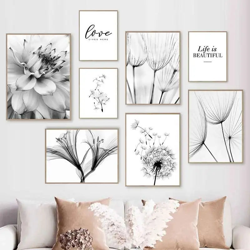 Life Is Beautiful Black & White Minimalist Floral Wall Art Fine Art Canvas Prints Modern Botanical Gallery Wall Art Inspirational Posters For Simple Living