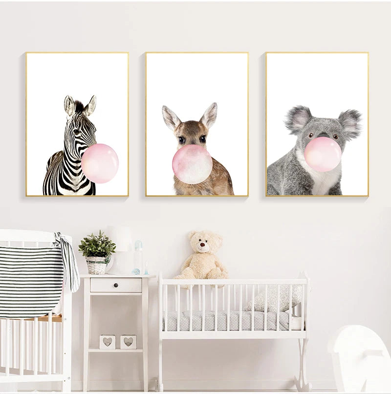 Baby Animals Pink Bubble Gum Zebra Giraffe Koala Bear Cub Cute Nursery Wall Art Fine Art Canvas Prints Posters For Baby's Room Decor