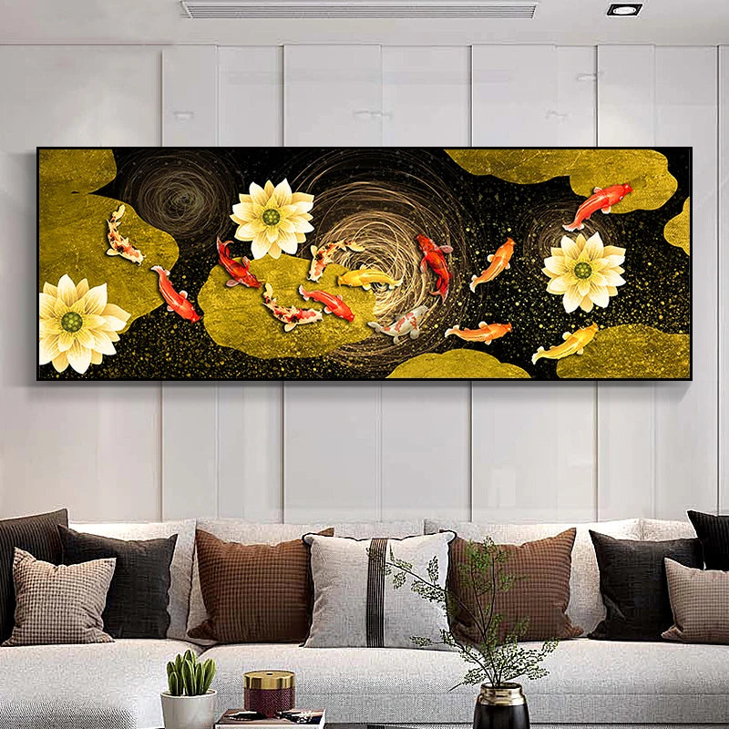 Auspicious Feng Shui Abstract Golden Fish Wall Art Fine Art Canvas Prints Wide Format Pictures For Living Room Above The Sofa Art For Above The Bed