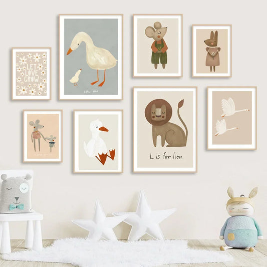 Cute Baby Animals Nursery Wall Art Illustrations Fine Art Canvas Prints Geese Mouse Lion Polar Bear Poster Pictures For Baby's Room Wall Decor