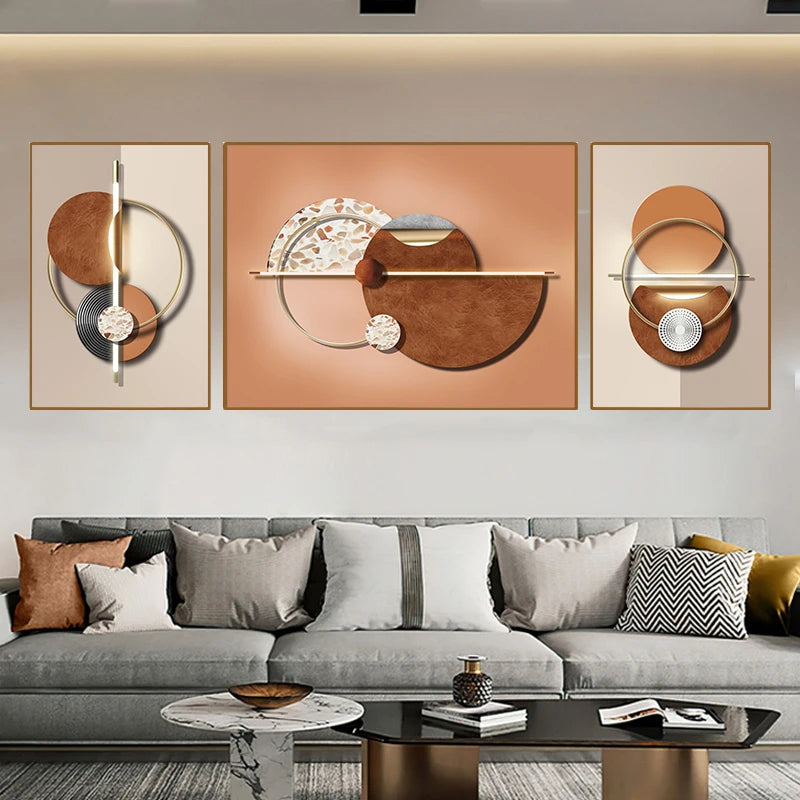 Set of 3Pcs Nordic Abstract Circle Of Light Auspicious Flowing Landscape Wall Art Fine Art Canvas Prints Pictures For Luxury Living Room Dining Room Wall Decor (Triptych, Set of 3)