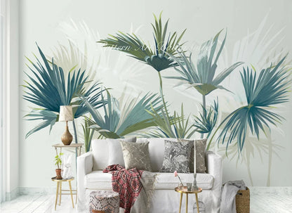 Tropical Green Leaves Wall Mural Big Size Palm Leaf Forest Exotic Foliage Green Leaf Wall Decor Custom Size Wall Covering Wallpaper For Living Room