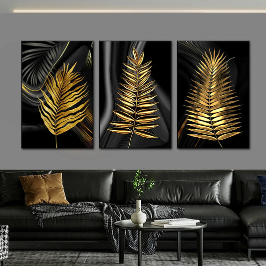 * Featured Sale * Exotic Tropical Botanical Black Golden Leaves Wall Art Fine Art Canvas Prints Pictures For Luxury Living Room Bedroom Boutique Hotel Decor