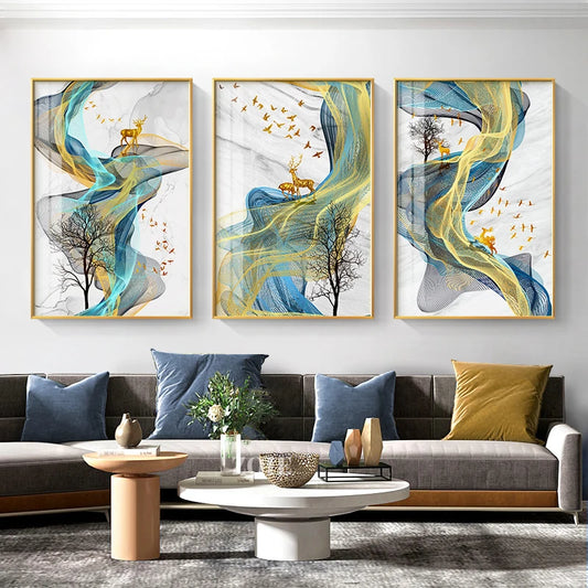 Golden Deer Auspicious Abstract Landscape Wall Art Fine Art Canvas Prints Pictures For Living Room Dining Room Boutique Hotel Room Art Decor