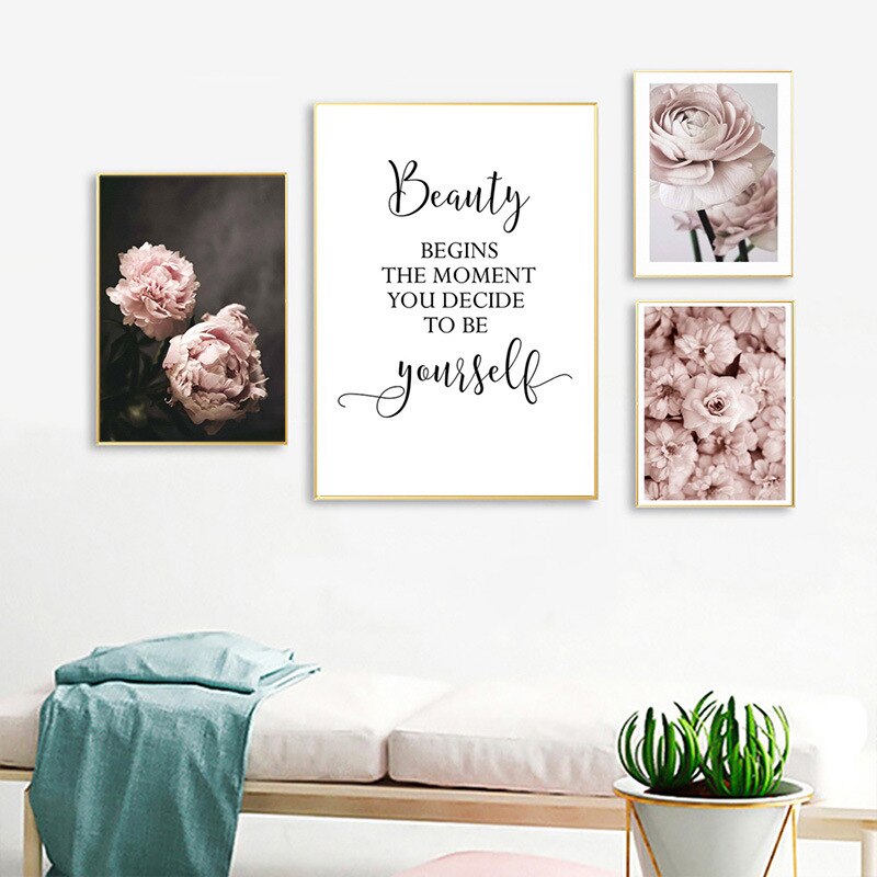 Pink Rose Fashion Peonies Wall Art Fine Art Canvas Prints Modern Floral Beauty Quote Pictures For Living Room Bedroom Art Decor