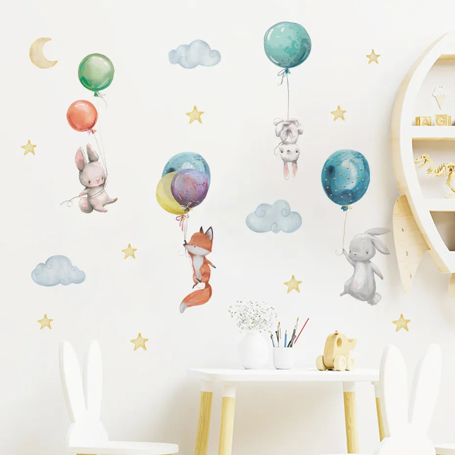 Cute Colorful Cartoon Bunnies Balloons Nursery Wall Stickers Removable Peel & Stick Vinyl Wall Decals For Creative DIY Kid's Room Wall Decoration