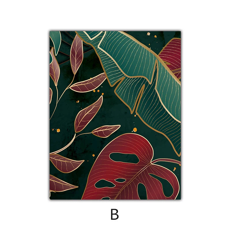 Modern Abstract Tropical Botany Wall Art Fine Art Canvas Prints Red Green Palm Leaves Posters Pictures For Living Room Hotel Room Decor